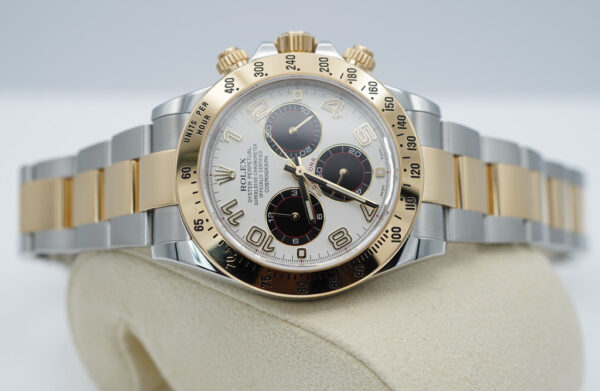 Rolex 116523 DAYTONA 18K YELLOW GOLD TWO TONE PANDA ARABIC RACING DIAL FULL SET - Image 10