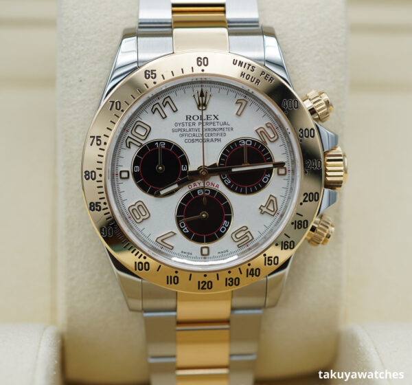 Rolex 116523 DAYTONA 18K YELLOW GOLD TWO TONE PANDA ARABIC RACING DIAL FULL SET