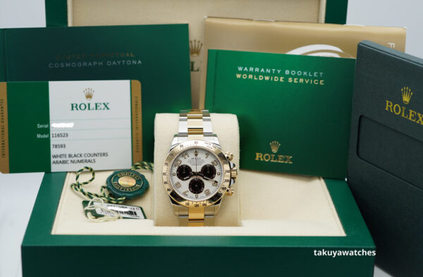 Rolex 116523 DAYTONA 18K YELLOW GOLD TWO TONE PANDA ARABIC RACING DIAL FULL SET - Image 2