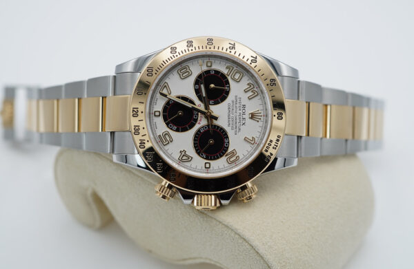 Rolex 116523 DAYTONA 18K YELLOW GOLD TWO TONE PANDA ARABIC RACING DIAL FULL SET - Image 9