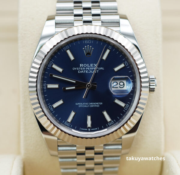 Rolex 126334 DATEJUST 41 FLUTED BEZEL BLUE STICK DIAL JUBILEE WARRANTY FULL SET