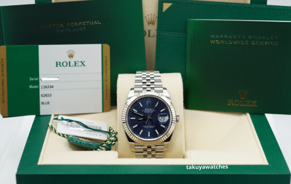 Rolex 126334 DATEJUST 41 FLUTED BEZEL BLUE STICK DIAL JUBILEE WARRANTY FULL SET - Image 2