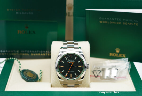 Rolex 116400GV MILGAUSS GREEN CRYSTAL BLACK DIAL 2021 WARRANTY FULL SET - Image 2