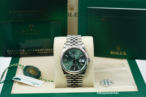 Rolex 126234 DATEJUST 36 FLUTED BEZEL MINT GREEN DIAL JUBILEE BAND 2022 FULL SET - Image 2