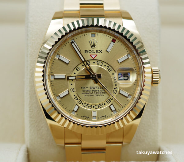 Rolex 326938 SKY-DWELLER 18K YELLOW GOLD CHAMPAGNE STICK DIAL 2023 FULL SET