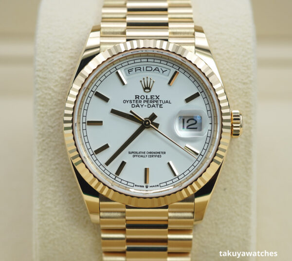 Rolex 128238 DAY DATE 36 YELLOW GOLD WHITE INDEX DIAL 2023 WARRANTY FULL SET