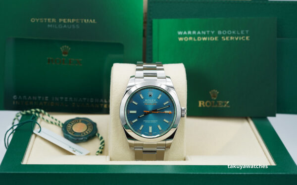 Rolex 116400GV MILGAUSS GREEN CRYSTAL Z BLUE DIAL 2021 WARRANTY FULL SET - Image 2