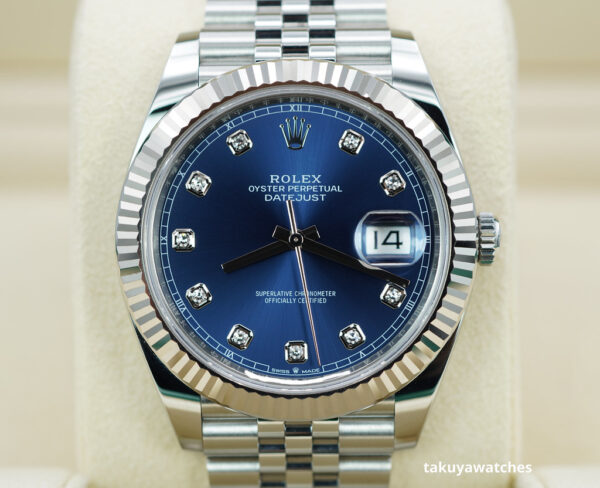 Rolex 126334 DATEJUST 41 FLUTED BEZEL BLUE DIAMOND DIAL JUBILEE BAND FULL SET