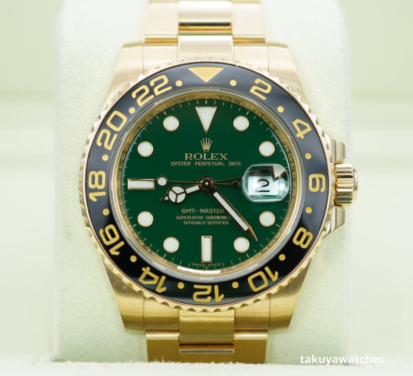 Rolex 116718 18K YELLOW GOLD GMT MASTER II GREEN DIAL BOXES PAPERS