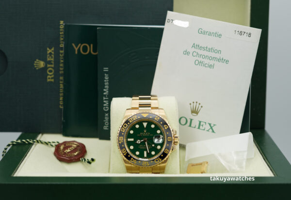 Rolex 116718 18K YELLOW GOLD GMT MASTER II GREEN DIAL BOXES PAPERS - Image 2