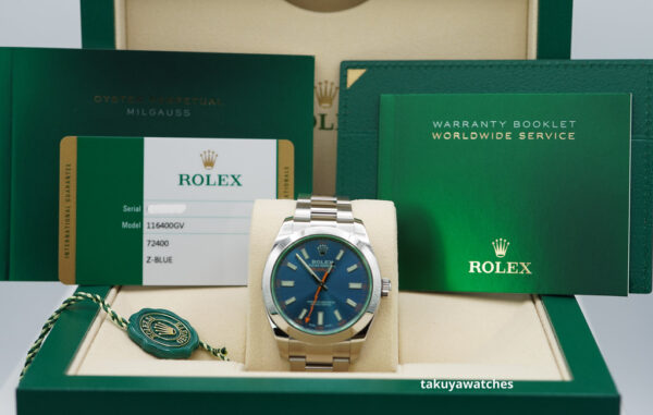 Rolex 116400GV MILGAUSS GREEN CRYSTAL Z BLUE DIAL 2019 FULL SET - Image 2