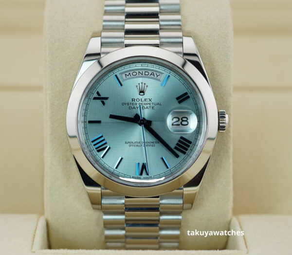 Rolex 228206 DAY DATE PLATINUM ICE BLUE QUADRANT ROMAN DIAL 40MM COMPLETE SET