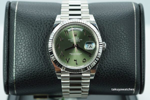 MINT Rolex 228236 DAY DATE PLATINUM FLUTED BEZEL ARABIC GREEN DIAL 2024 RARE FULL SET