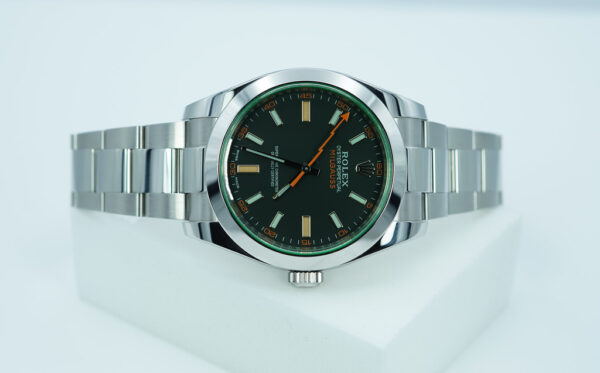 Rolex 116400GV MILGAUSS GREEN CRYSTAL BLACK DIAL 2021 WARRANTY FULL SET - Image 9
