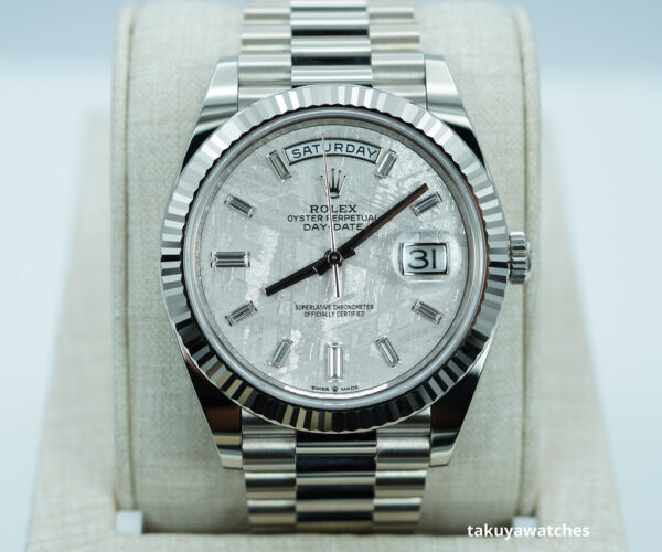 Rolex 228239 DAY DATE 40 WHITE GOLD METEORITE BAGUETTE DIAMOND DIAL FULL SET