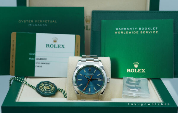 Rolex 116400GV MILGAUSS GREEN CRYSTAL Z BLUE DIAL 2017 FULL SET - Image 2
