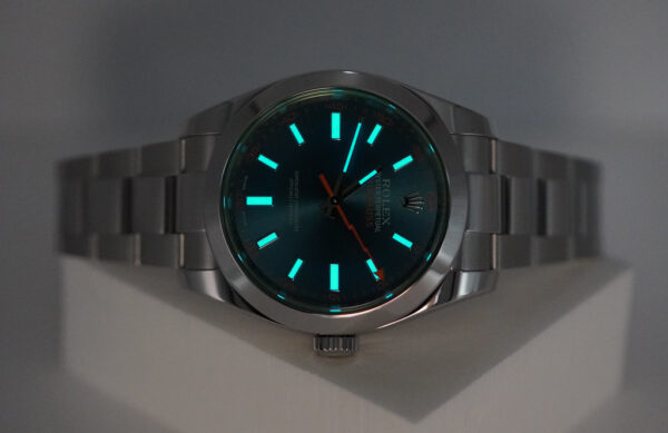 Rolex 116400GV MILGAUSS GREEN CRYSTAL Z BLUE DIAL 2017 FULL SET - Image 11