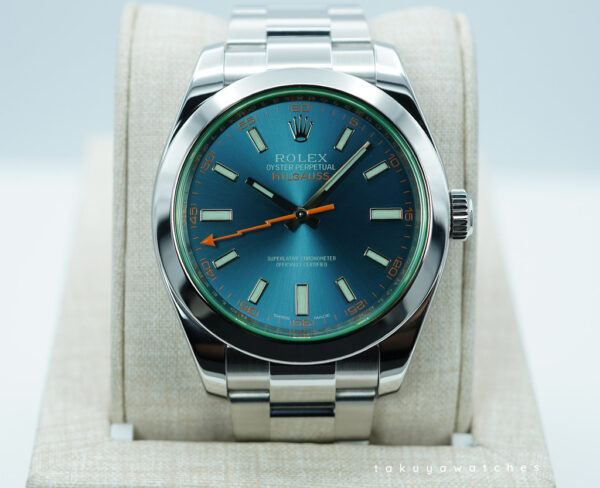 Rolex 116400GV MILGAUSS GREEN CRYSTAL Z BLUE DIAL 2017 FULL SET