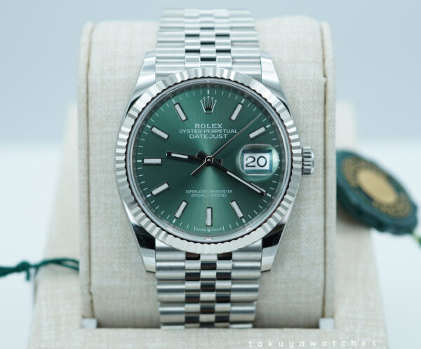 BRAND NEW Rolex 126234 DATEJUST 36 FLUTED BEZEL MINT GREEN DIAL JUBILEE 2024 FULL SET