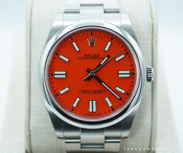 Rolex 124300 OYSTER PERPETUAL 41 CORAL RED DIAL 2021 WARRANTY FULL SET