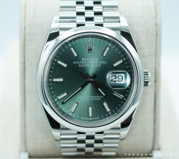 Rolex 126200 DATEJUST 36 MINT GREEN DIAL JUBILE BAND 2023 WARRANTY FULL SET