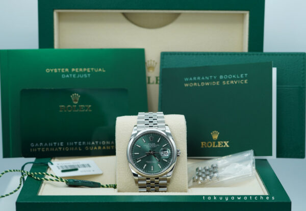 Rolex 126200 DATEJUST 36 MINT GREEN DIAL JUBILE BAND 2023 WARRANTY FULL SET - Image 2