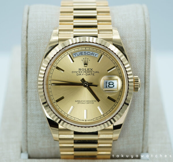 Rolex 128238 DAY DATE 36 18K YELLOW GOLD CHAMPAGNE DIAL 2024 WARRANTY FULL SET