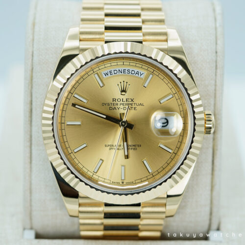 Rolex 228238 DAY DATE 40 18K YELLOW GOLD CHAMPAGNE STICK DIAL 2023 WARRANTY FULL SET