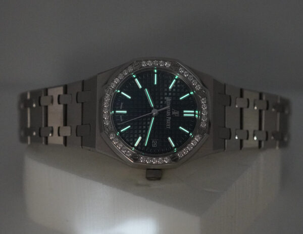 Audemars PIGUET ROYAL OAK 77351ST DIAMOND BEZEL BLUE-GREY DIAL 34MM FULL SET - Image 11