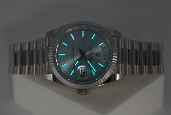 Rolex 228236 DAY DATE PLATINUM FLUTED BEZEL ICE BLUE STICK DIAL FULL SET - Image 11