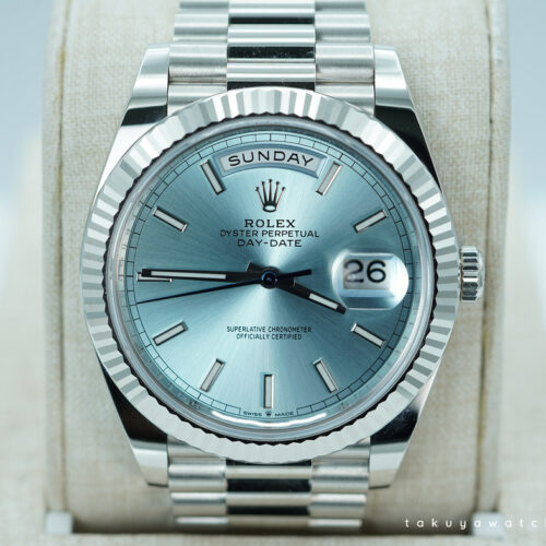Rolex 228236 DAY DATE PLATINUM FLUTED BEZEL ICE BLUE STICK DIAL FULL SET