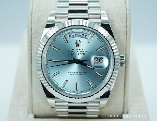 Rolex 228236 DAY DATE PLATINUM FLUTED BEZEL ICE BLUE STICK DIAL FULL SET