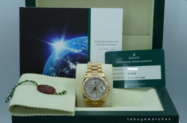 Rolex 118238 DAY DATE 36MM YELLOW GOLD SILVER STICK DIAL PRESIDENT RSC SERVICED - Image 2