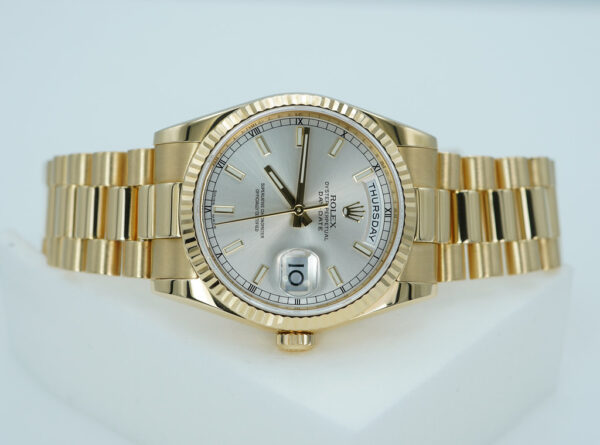 Rolex 118238 DAY DATE 36MM YELLOW GOLD SILVER STICK DIAL PRESIDENT RSC SERVICED - Image 8