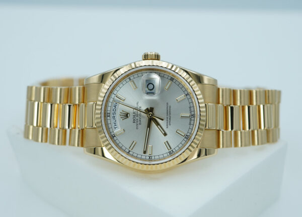 Rolex 118238 DAY DATE 36MM YELLOW GOLD SILVER STICK DIAL PRESIDENT RSC SERVICED - Image 9