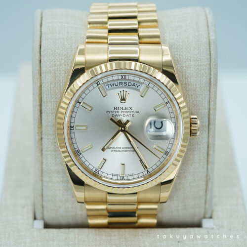 Rolex 118238 DAY DATE 36MM YELLOW GOLD SILVER STICK DIAL PRESIDENT RSC SERVICED