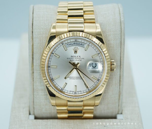 Rolex 118238 DAY DATE 36MM YELLOW GOLD SILVER STICK DIAL PRESIDENT RSC SERVICED