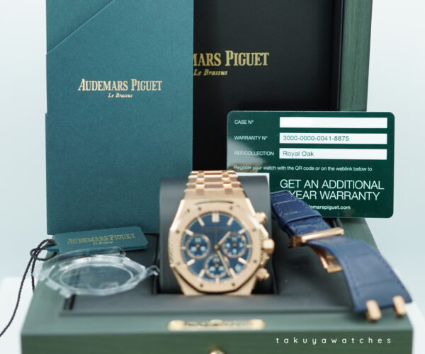 BRAND NEW Audemars PIGUET ROYAL OAK CHRONOGRAPH 26240OR ROSE GOLD BLUE DIAL BRACELET FULL SET - Image 2