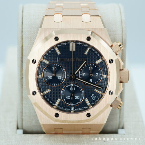 BRAND NEW Audemars PIGUET ROYAL OAK CHRONOGRAPH 26240OR ROSE GOLD BLUE DIAL BRACELET FULL SET