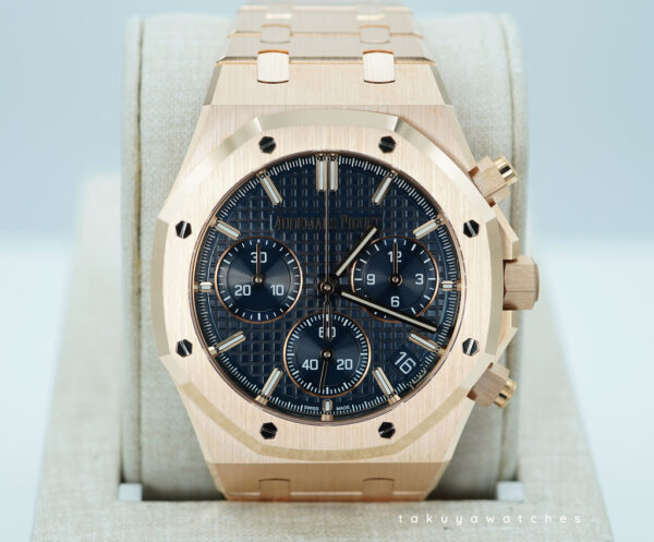 BRAND NEW Audemars PIGUET ROYAL OAK CHRONOGRAPH 26240OR ROSE GOLD BLUE DIAL BRACELET FULL SET