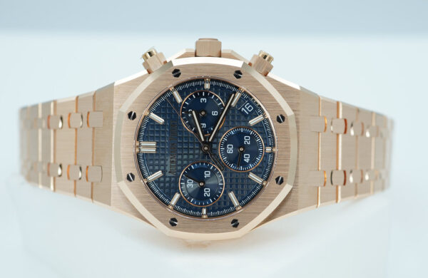 BRAND NEW Audemars PIGUET ROYAL OAK CHRONOGRAPH 26240OR ROSE GOLD BLUE DIAL BRACELET FULL SET - Image 10