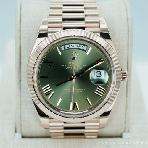 Rolex 228235 DAY DATE 40 18K ROSE GOLD OLIVE GREEN ROMAN DIAL 2022 WARRANTY FULL SET
