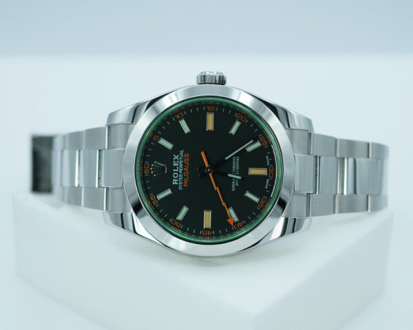 Rolex 116400GV MILGAUSS GREEN CRYSTAL BLACK DIAL 2021 WARRANTY FULL SET - Image 10
