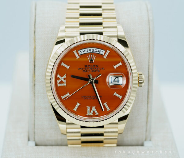 Rolex 128238 DAY DATE 36 YELLOW GOLD CARNELIAN DIAL 2024 WARRANTY FULL SET