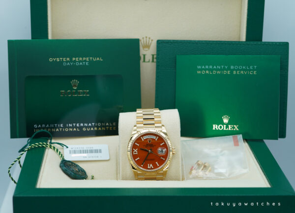 Rolex 128238 DAY DATE 36 YELLOW GOLD CARNELIAN DIAL 2024 WARRANTY FULL SET - Image 2