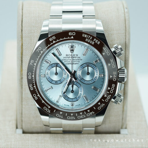 Rolex 116506 DAYTONA PLATINUM BAGUETTE DIAMOND ICE BLUE DIAL 2023 WARRANTY FULL SET