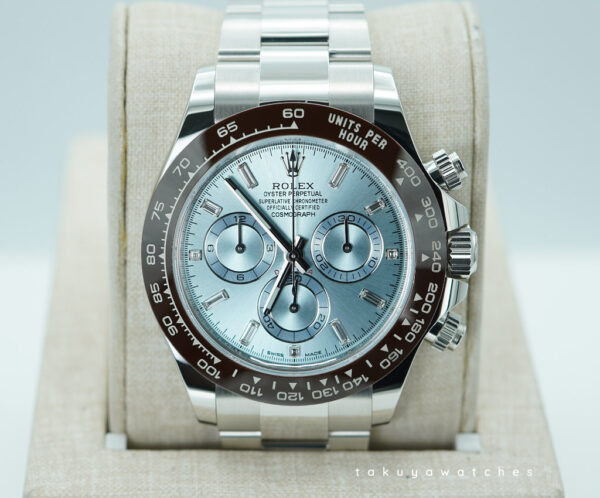 Rolex 116506 DAYTONA PLATINUM BAGUETTE DIAMOND ICE BLUE DIAL 2023 WARRANTY FULL SET