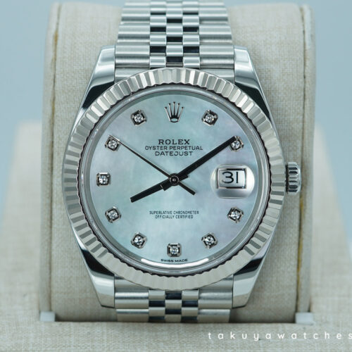 Rolex 126334 DATEJUST 41 FLUTED BEZEL WHITE MOP DIAMOND DIAL JUBILEE BAND FULL SET