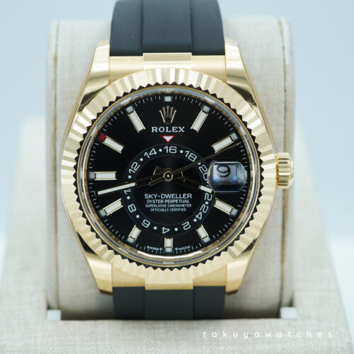 Rolex 336238 SKY-DWELLER YELLOW GOLD BLACK DIAL OYSTERFLEX NEW MODEL 2024 WARRANTY FULL SET