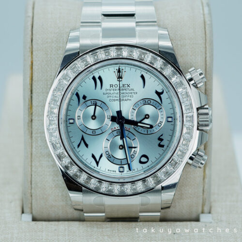 NEW Rolex 116576TBR DAYTONA PLATINUM BAGUETTE DIAMOND ICE BLUE ARABIC DIAL STICKERS 2023 FULL SET